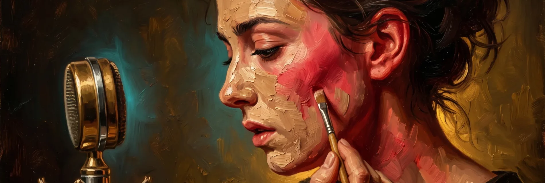 Femme à un pupitre peignant son visage rouge pour cacher qu'elle rougit : illustration de l'éreutophobie (peur de rougir).